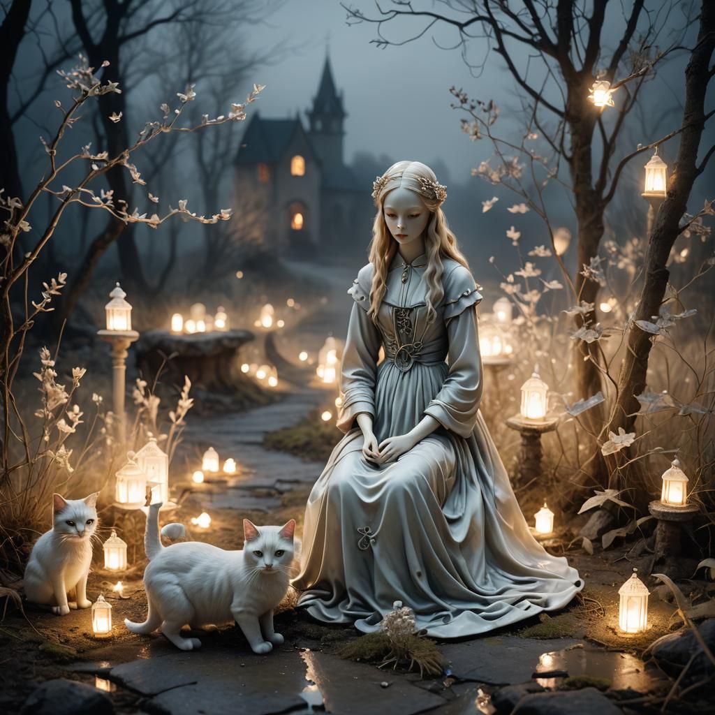 Demonic Wax Doll and Cat in Ethereal Landscape