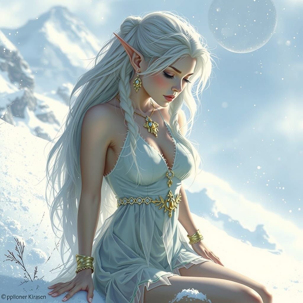 Blue-Skinned Elf in Snowy Mountain Landscape