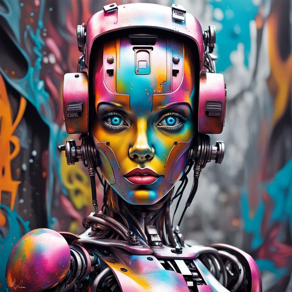 Hyper-Realistic Robot Girl Portrait in Graffiti Art Style