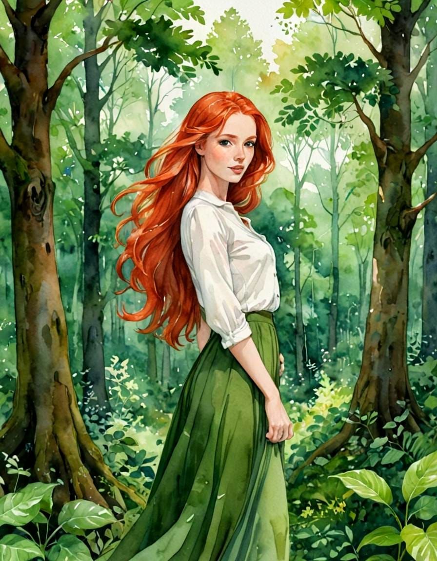 Woman with Red Hair in Lush Forest Illustration