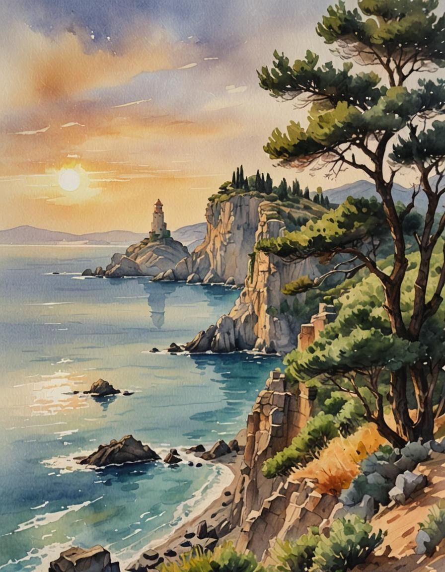 Adriatic Coast Wizard Tower in Watercolor Impressionism