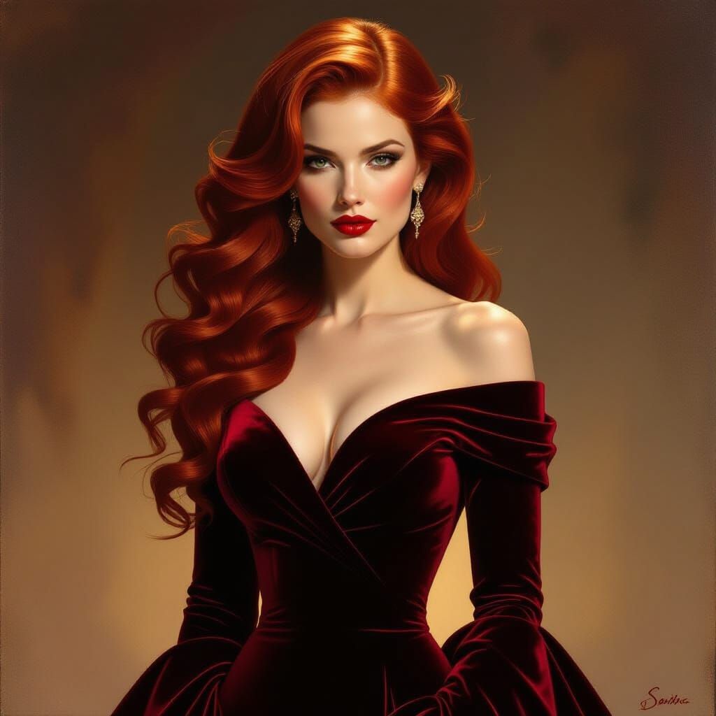 Sensual Redhead in Crimson Velvet Gown