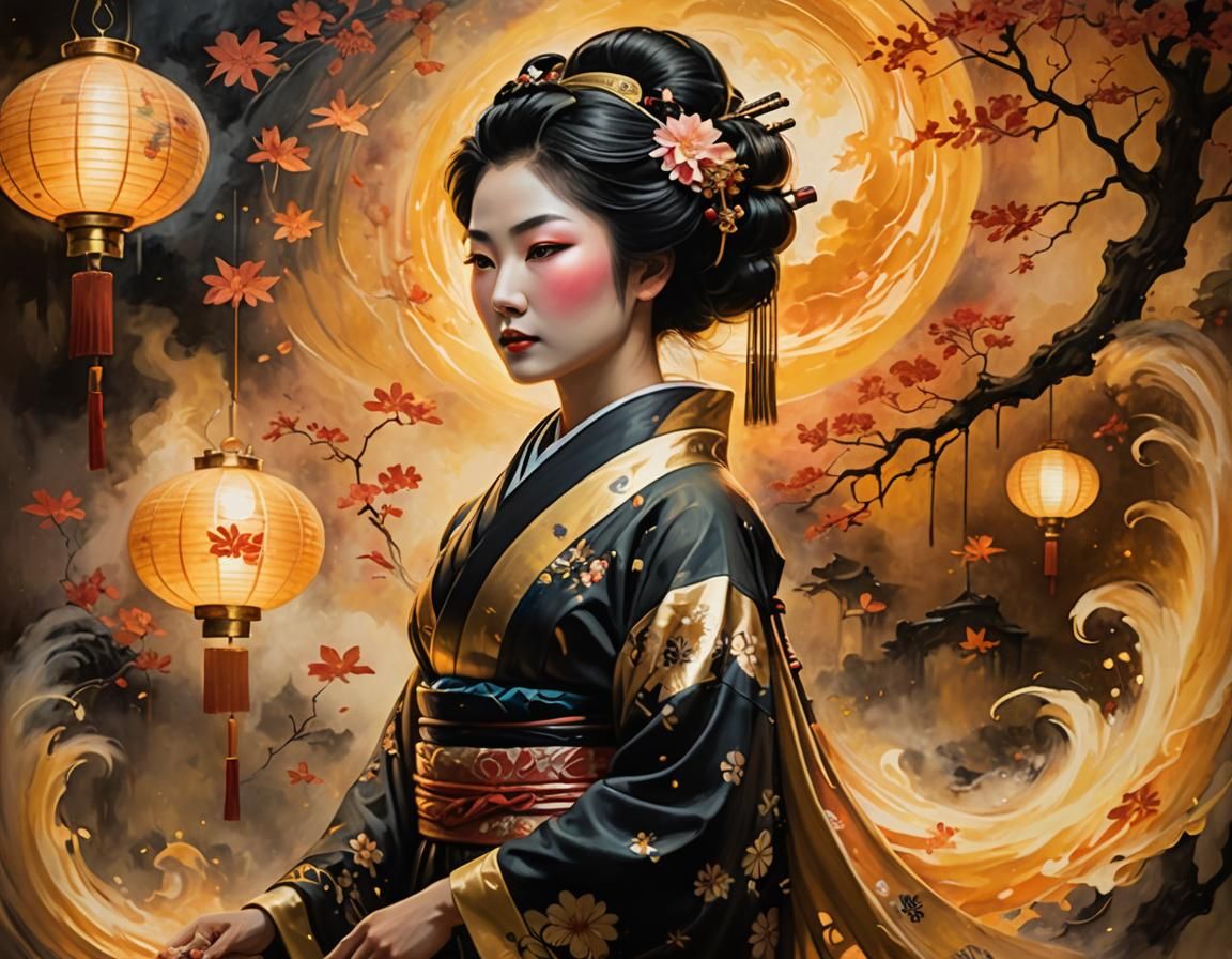 Ethereal Geisha Silhouette in Fantasy Oil Painting