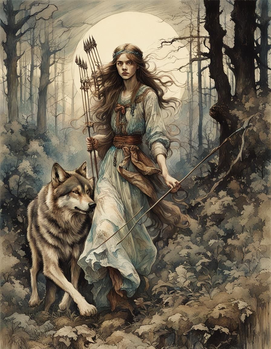 Woman Hunts Wolf with Bow in Woods: Detailed Art
