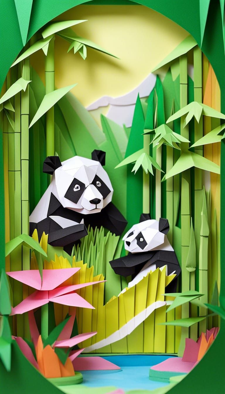 Origami Panda in Bamboo Garden Diorama