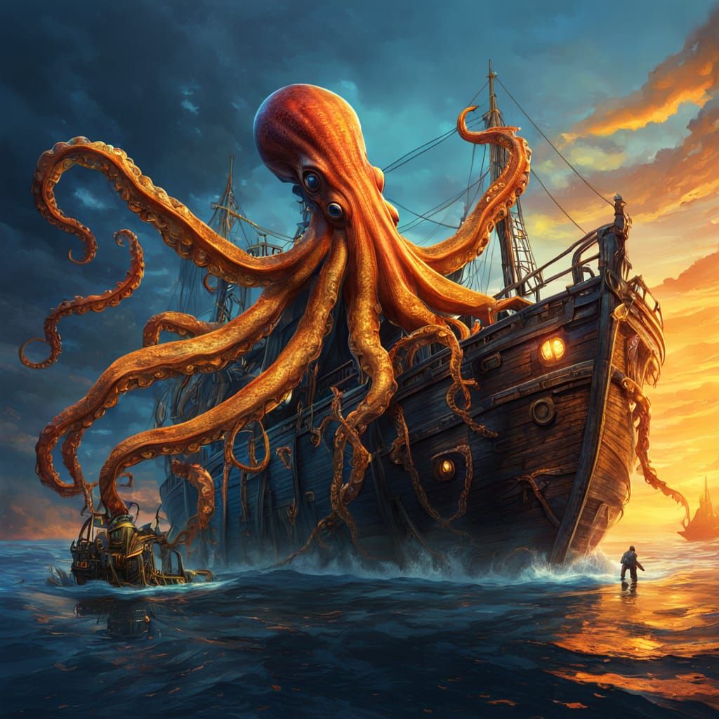 Giant Squid Emerges from Sunken Ship