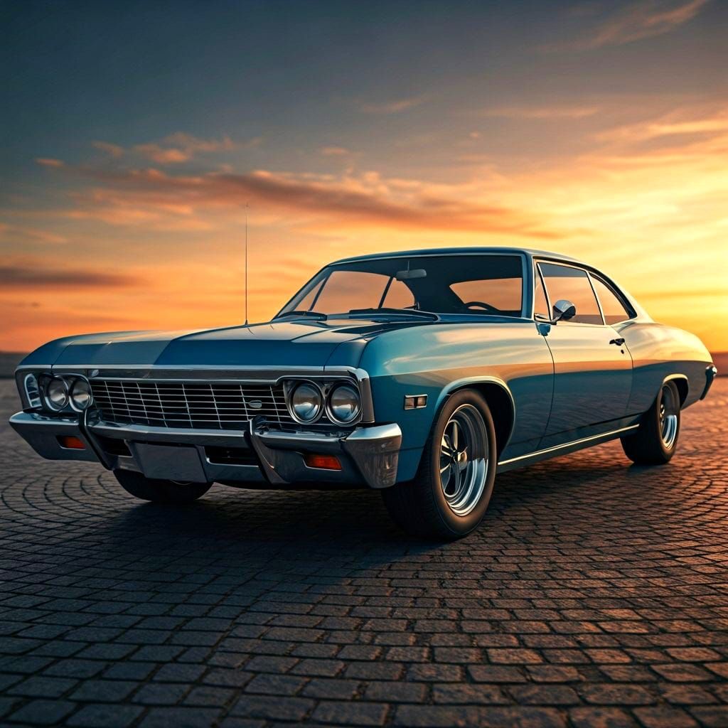 Shiny Blue 1967 Chevy Caprice Hot Rod at Sunset