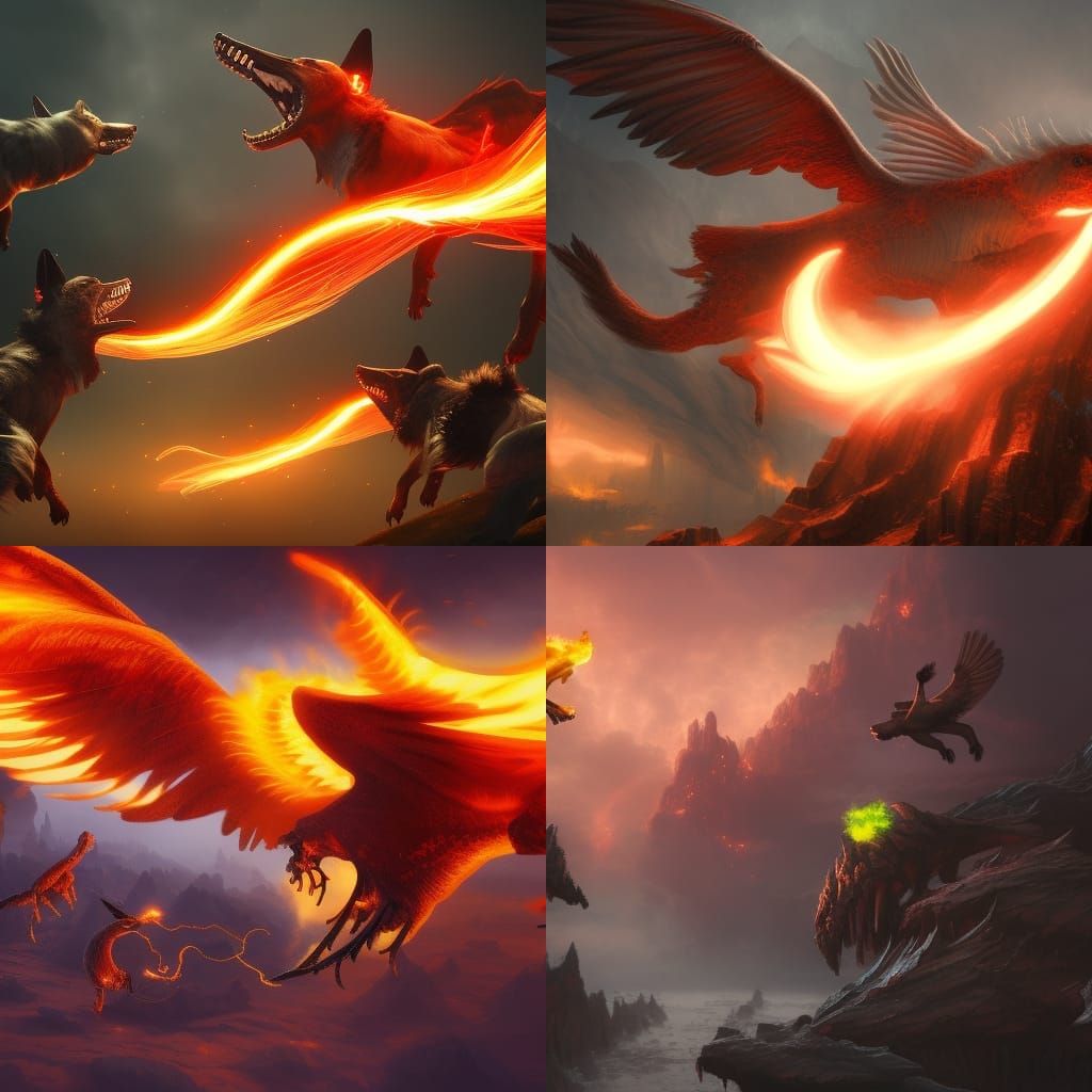 Flying Fire-Breathing Dogs: Detailed Fantasy Concept Art