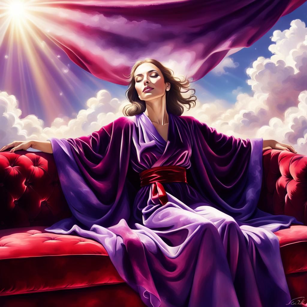 Woman on Red Velvet Couch Bathed in Sunlight