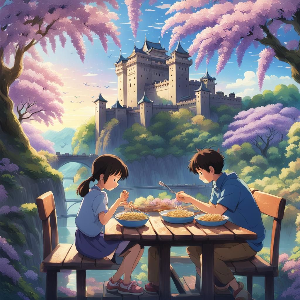 Anime Scene: Girl, Father, Cat, and Castle