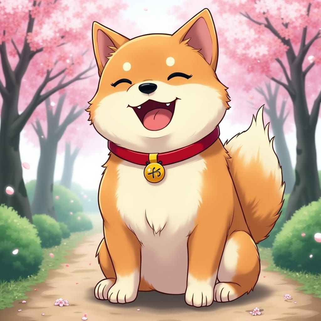 Charming Anime Shiba Inu in a Vibrant Japanese Garden