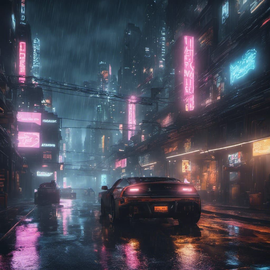 Rainy Night in a Cyberpunk City
