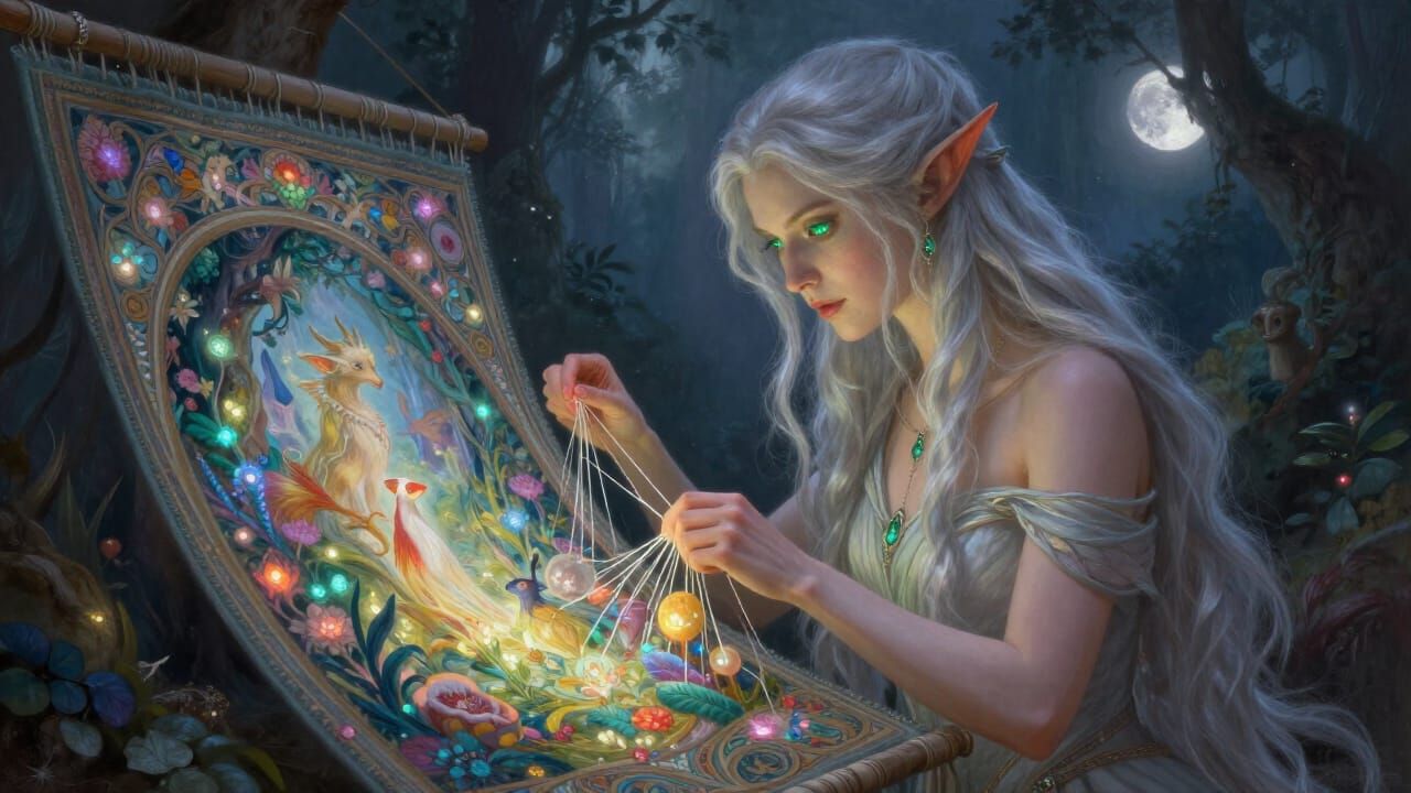 Ethereal Elf Woman Weaving Magical Tapestry