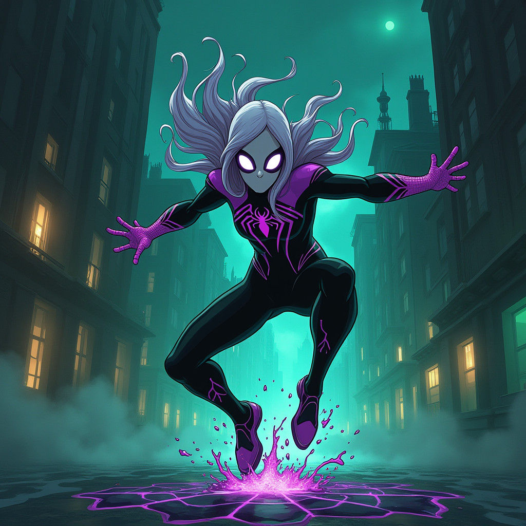 Spider-Gwen Leaps Through Dark City in Ghibli Style