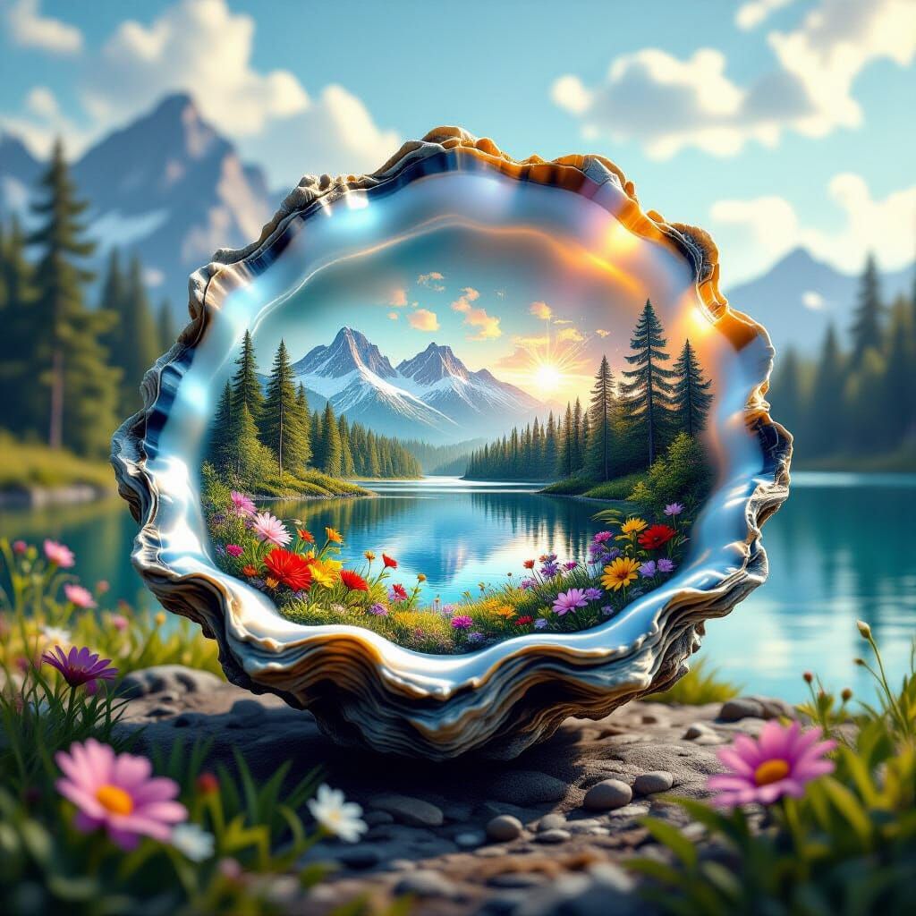 Oyster Shell Microcosm with Forest Lake Scene