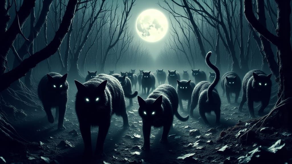 Eerie Moonlit Backyard Scene with Feral Cats in Darkness