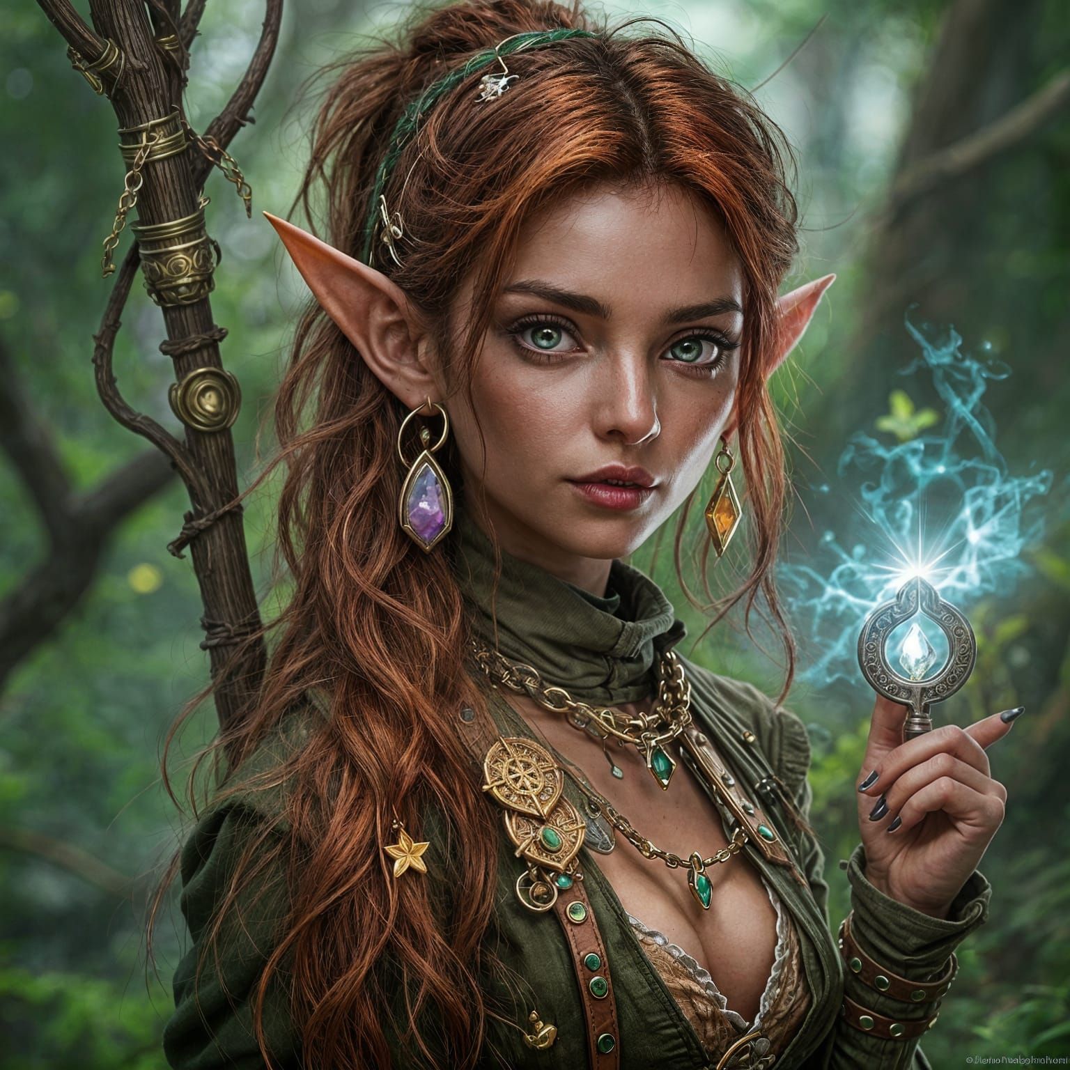 Steampunk Wood Elf Druid in Vibrant Greens and Purples