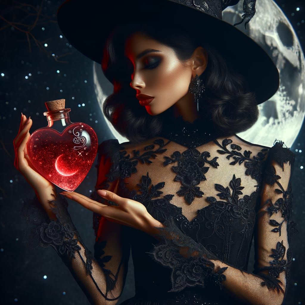 Witch Holding Glowing Heart Potion Under Crescent Moon