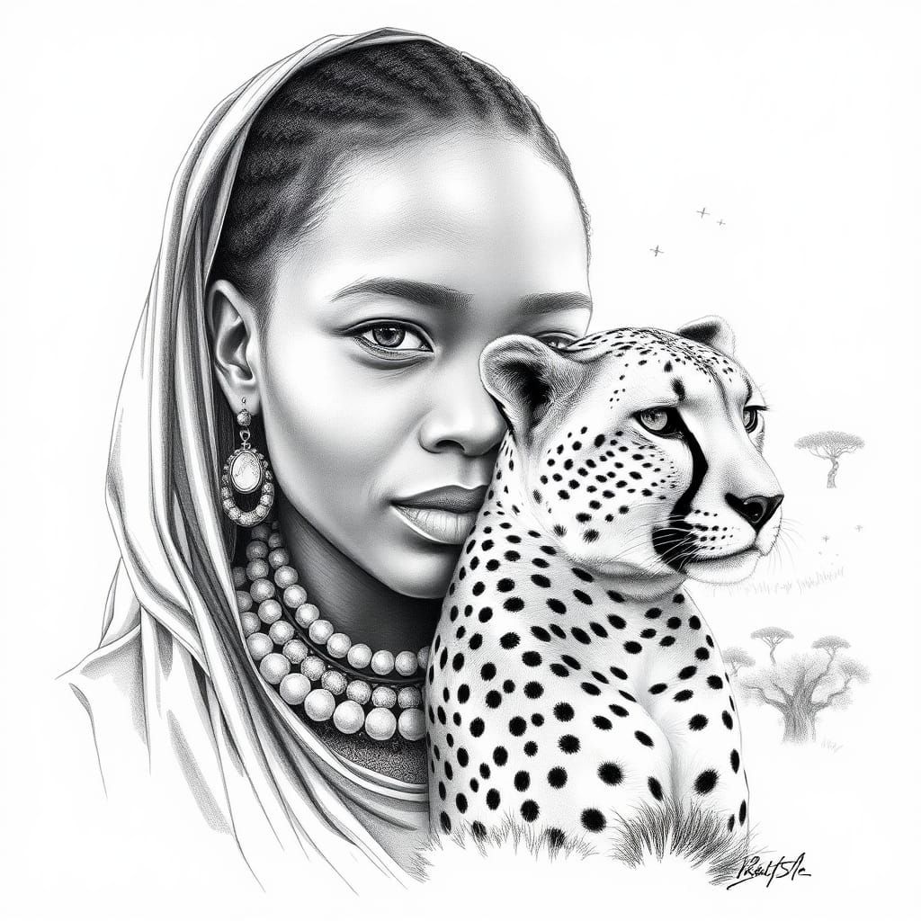 Masai Woman and Cheetah in Double Exposure Sketch
