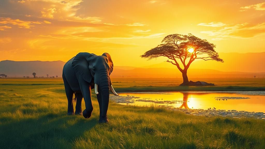 Majestic African Elephant in Savannah at Sunset