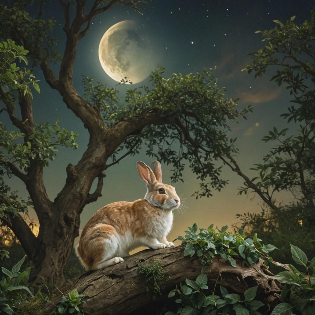 Rabbit Gazing at Moon in Surrealist Style