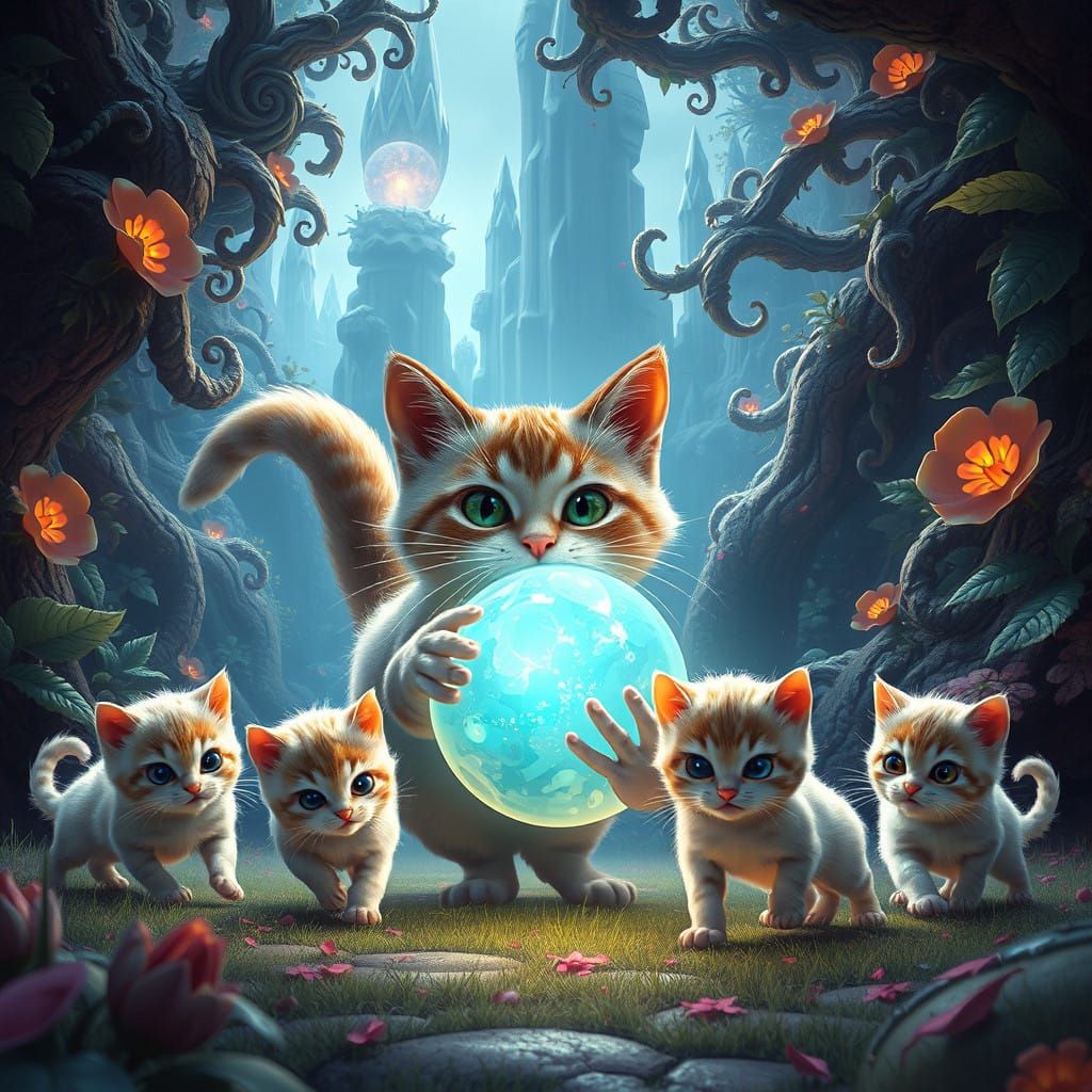 Fanciful Feline Family Unfolds in Whimsical Fantasy Realm