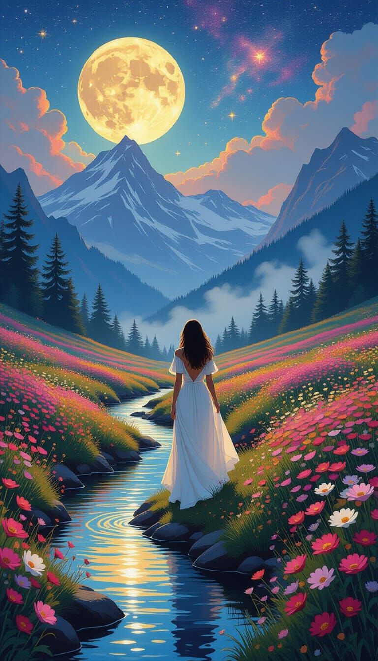 Ethereal Woman in Moonlit Landscape, Alphonse Mucha Style