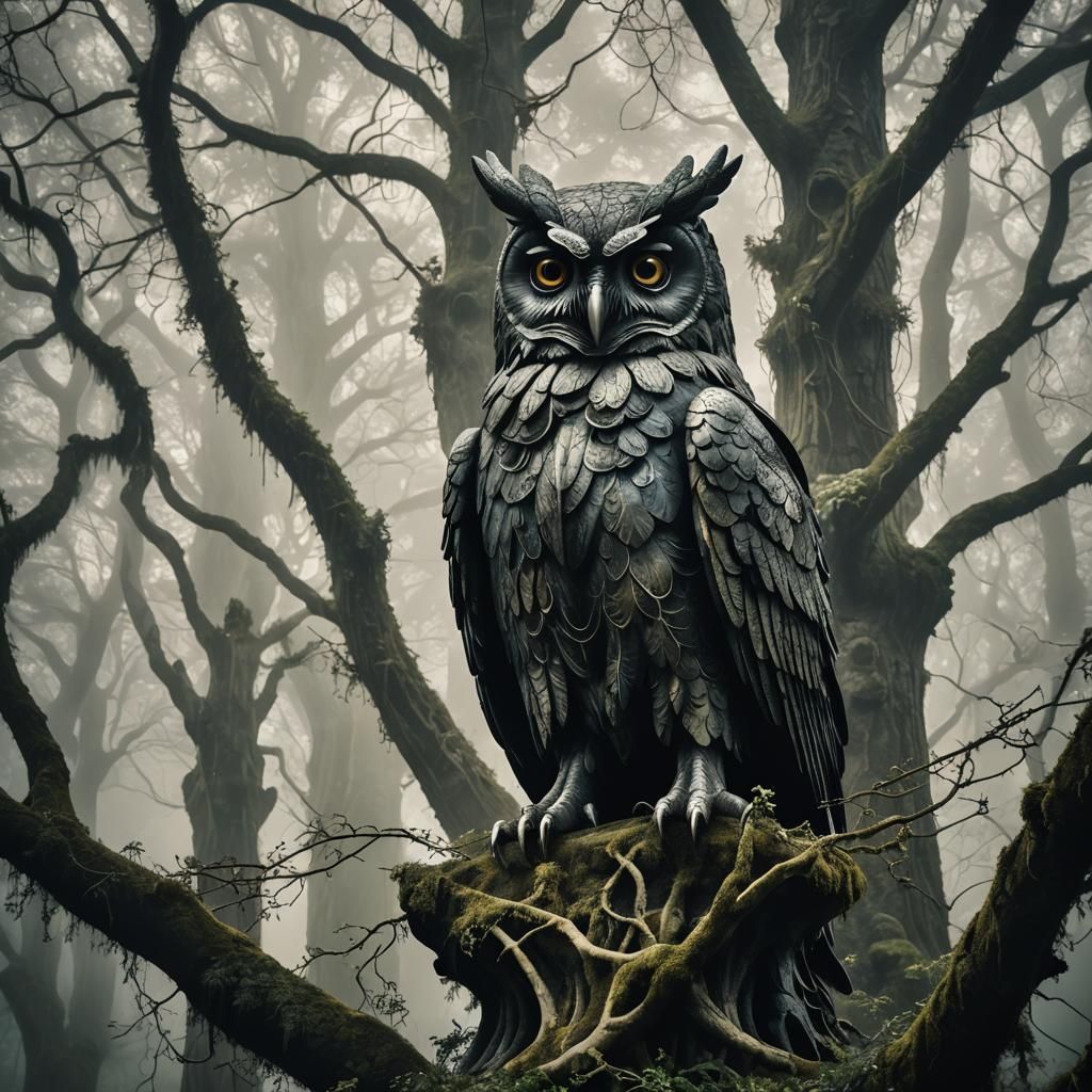 Eerie Stone Owl Statue in Fog-Shrouded Grove