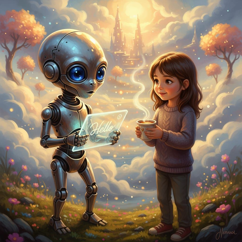 Alien Robot Meets Girl with Glowing Translator