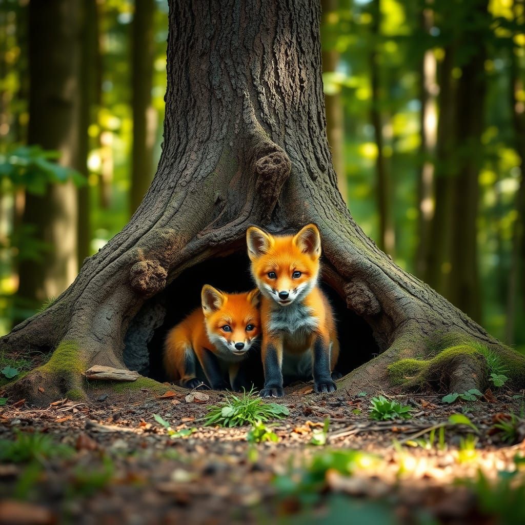 Red Fox Pups in a Lush Forest Sanctuary