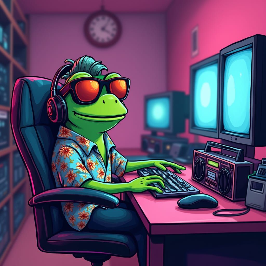 Cool Frog IT Operator in Retro Futuristic Cartoon Style