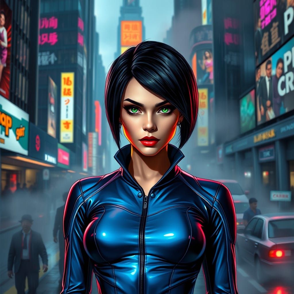 Cyberpunk Female Villain in Dystopian Cityscape