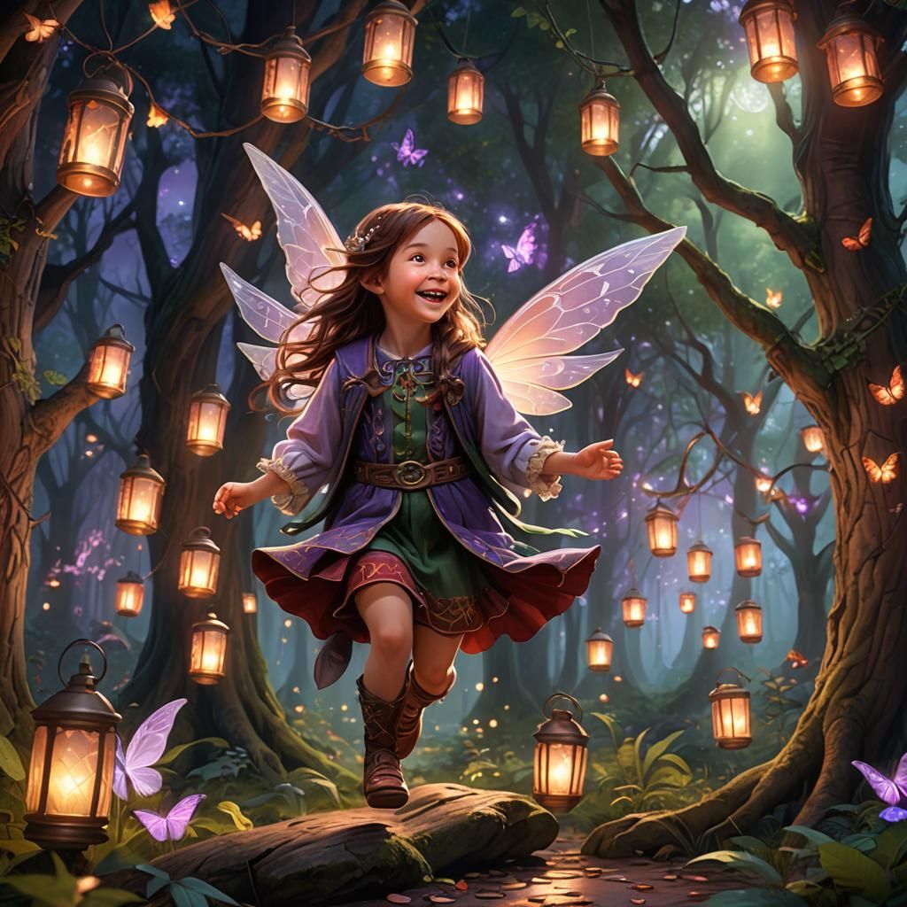 Child with Fairy Wings in Lantern Forest: Digital Art
