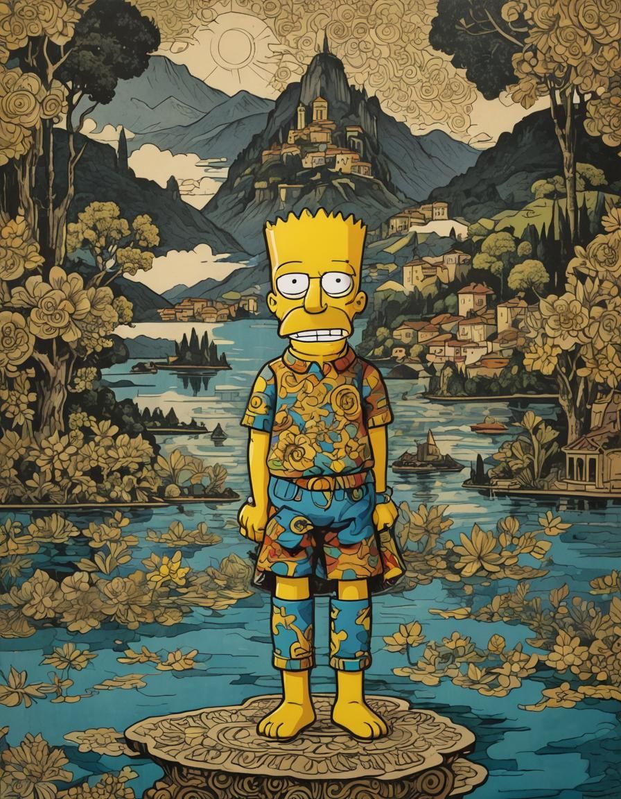 Despondent Bart Simpson in Kaleidoscopic Ink Painting