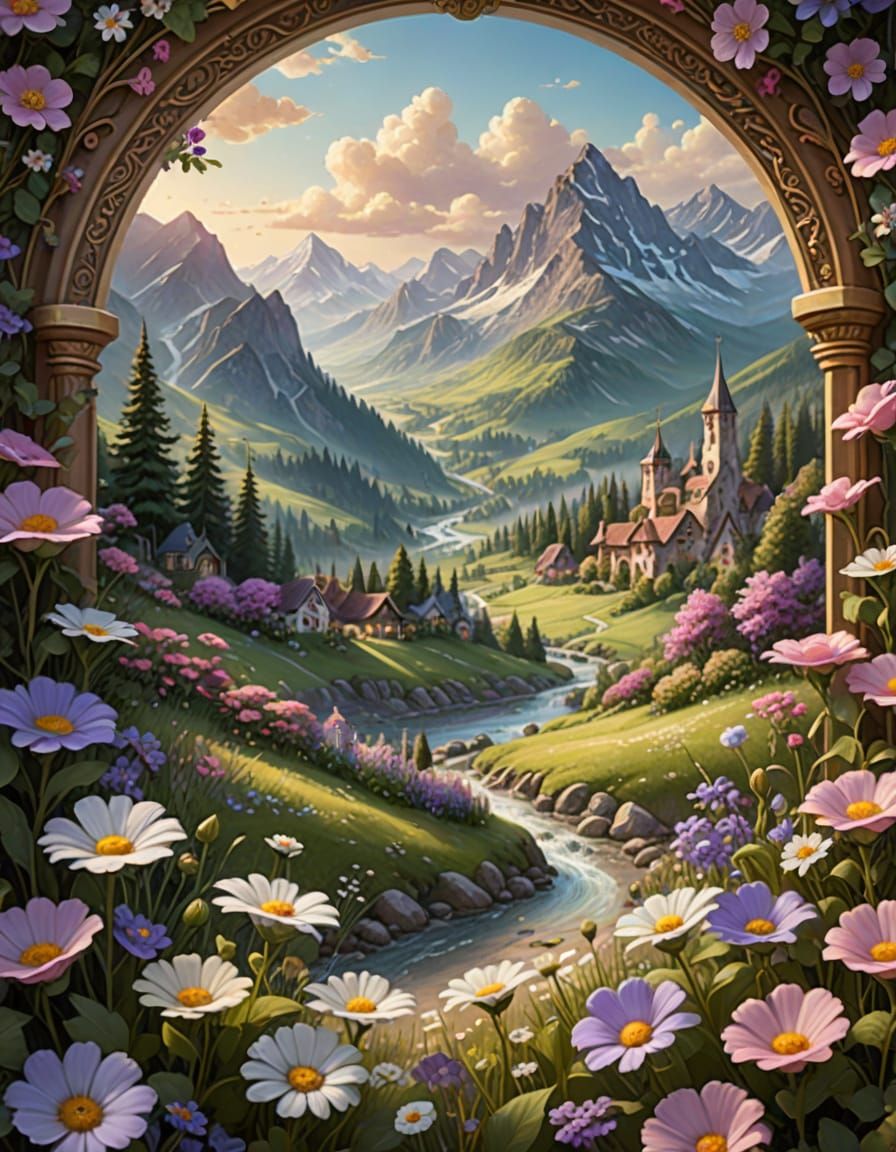 Ethereal Fantasy Valley in 3D Vintage Style