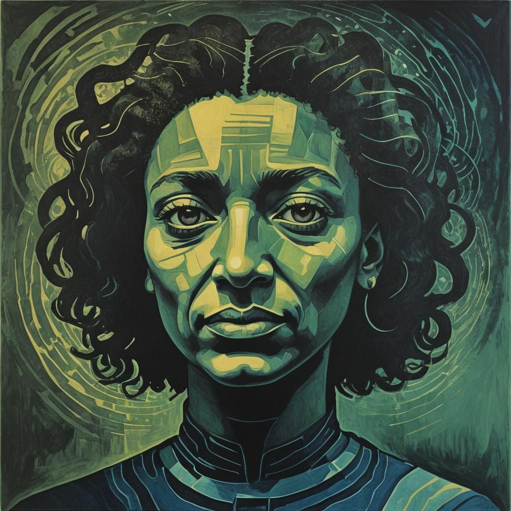 Afrofuturist Portrait with Sound Waves in Aquatint Style