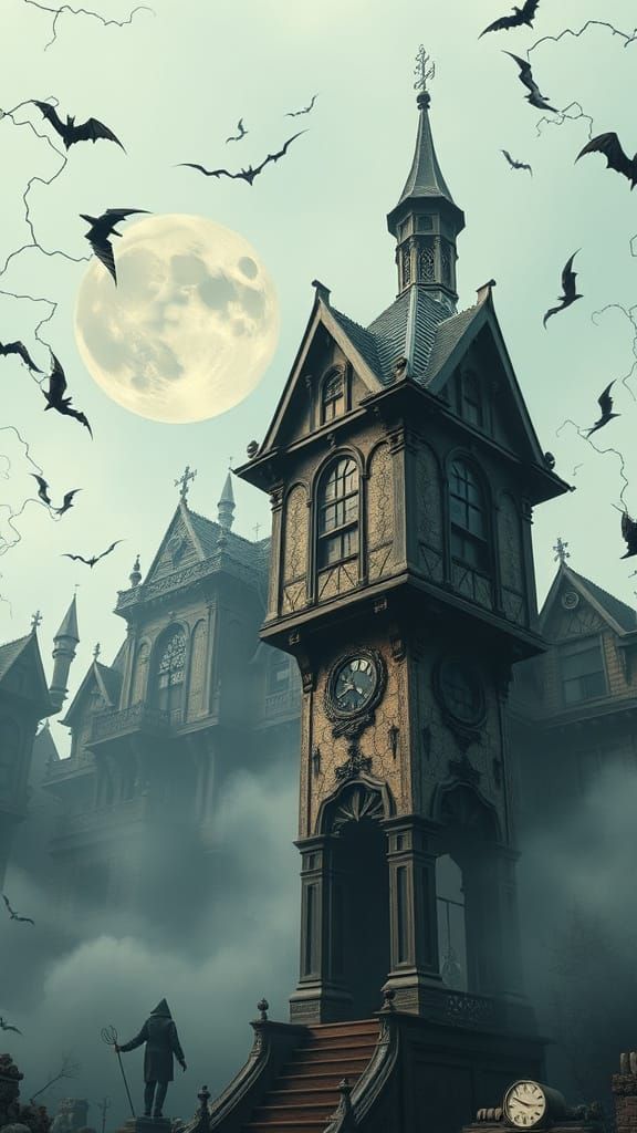 Detailed Gothic Art of Haunted Tower, in Style of Dan Mumfor...