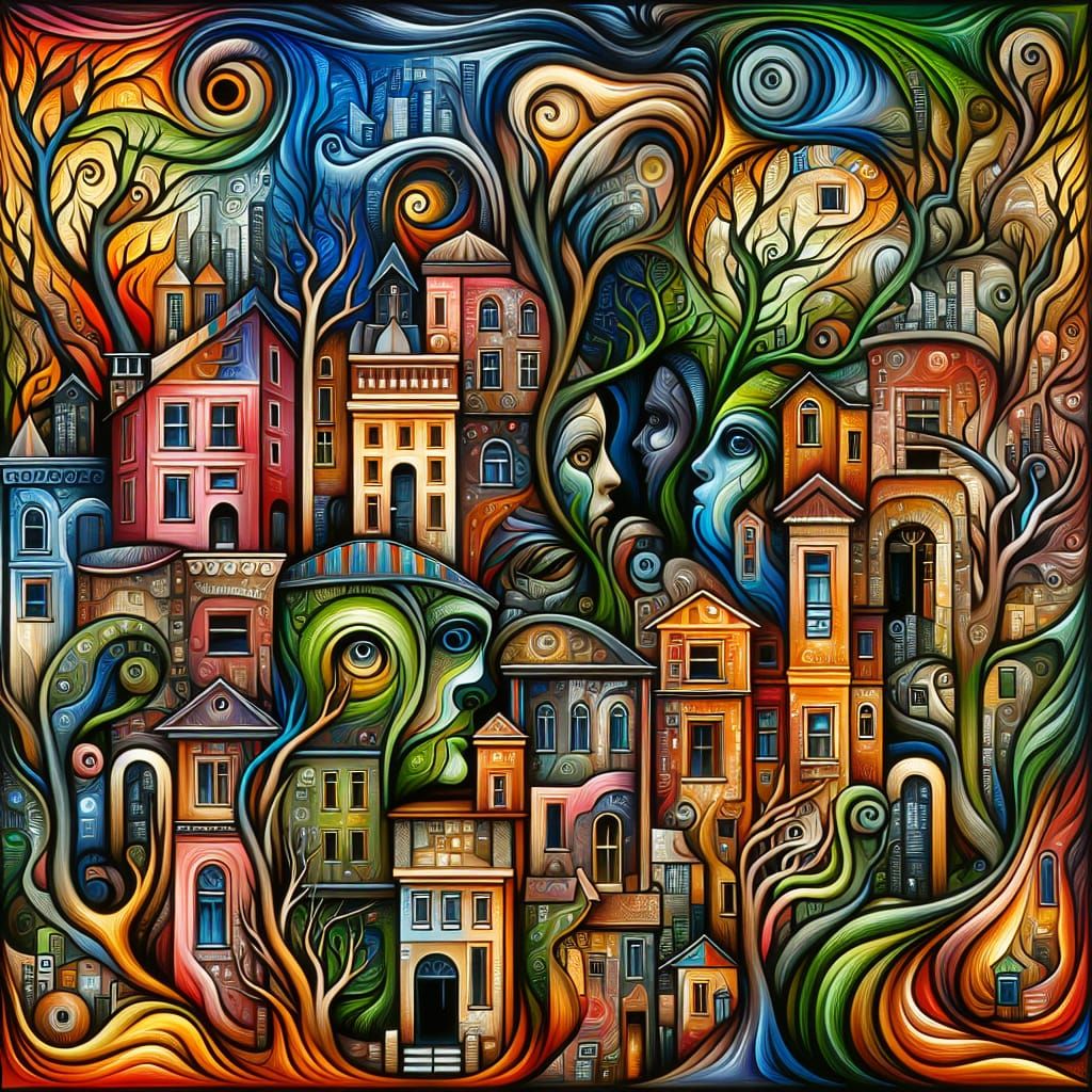 Surreal Cityscape with Hidden Faces and Symbols
