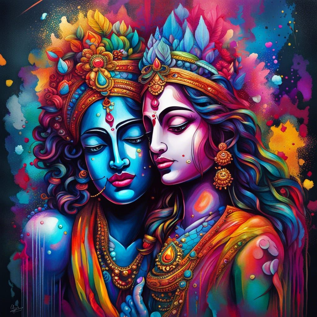 Vibrant Radha Krishna Graffiti Art