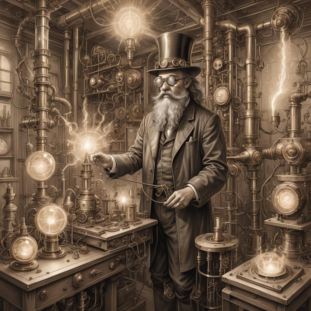 Steampunk Wizard's Laboratory: Sepia-Toned Pencil Sketch