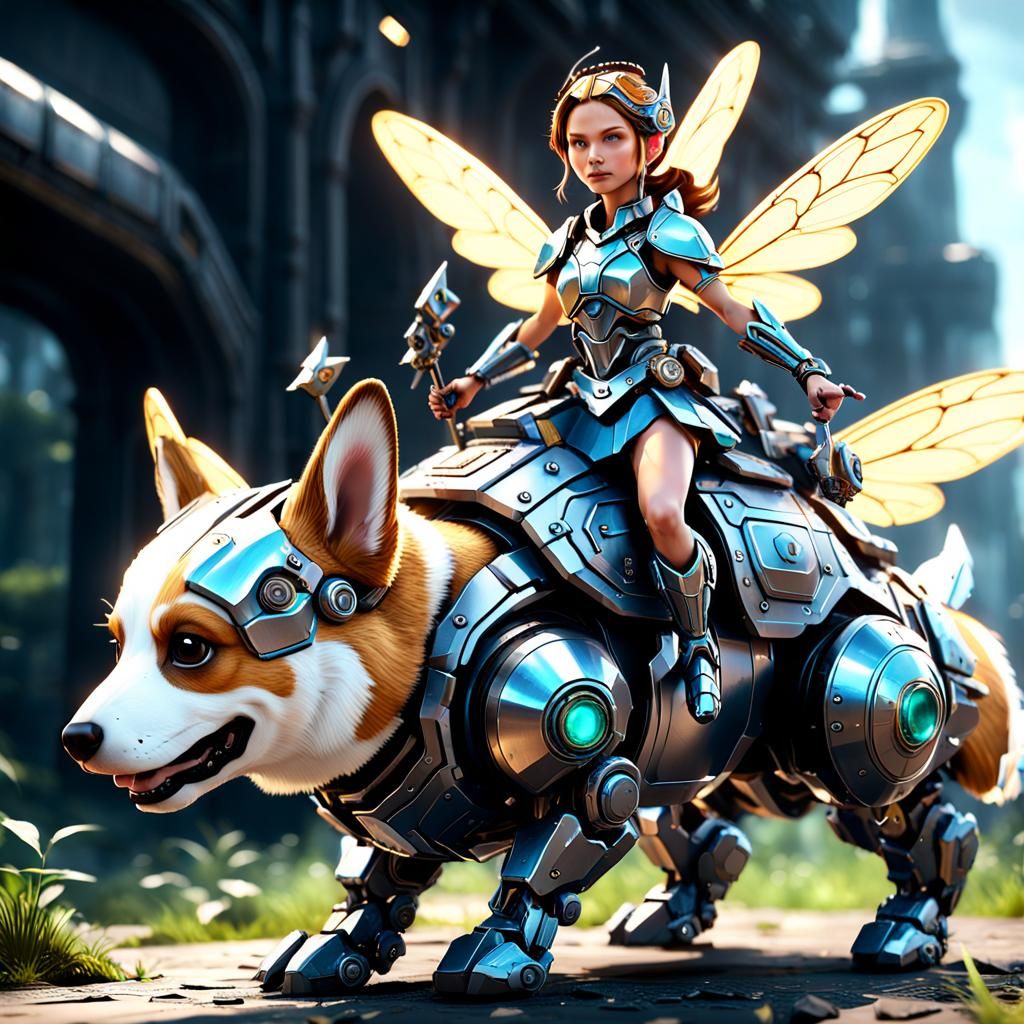 Fairy Warrior Rides Corgi in Sci-Fi Style