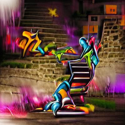 Jump of stairs Break leg Night time 8k resolution artwork colourful graffiti