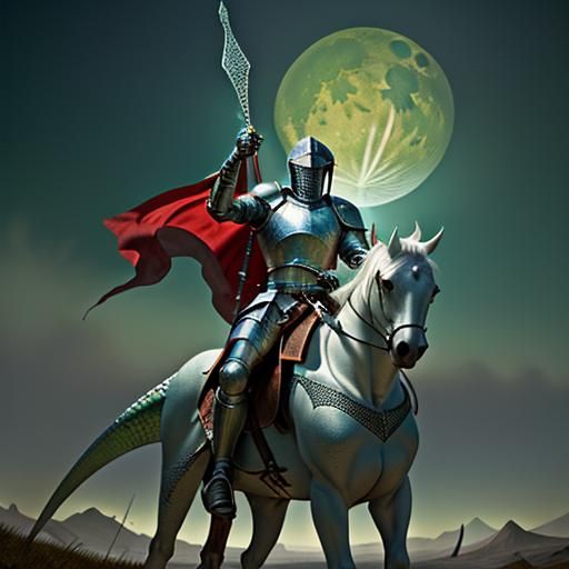 Medieval Knight Rides Lizard in Fantasy Landscape