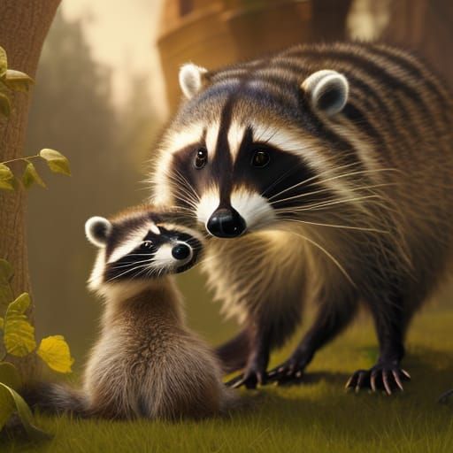 Raccoon Mother and Baby in Detailed 3D Painting