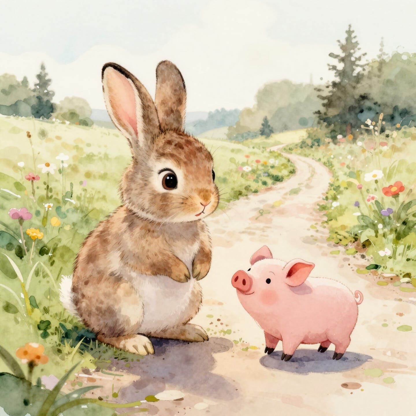 Whimsical Rabbit Meets Adorable Piglet in Watercolor Style