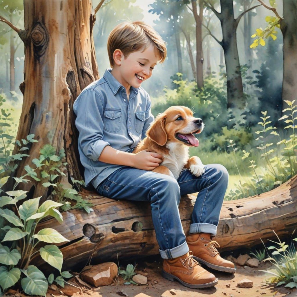 Boy Cuddling Puppy in Woodland Glade: Watercolor