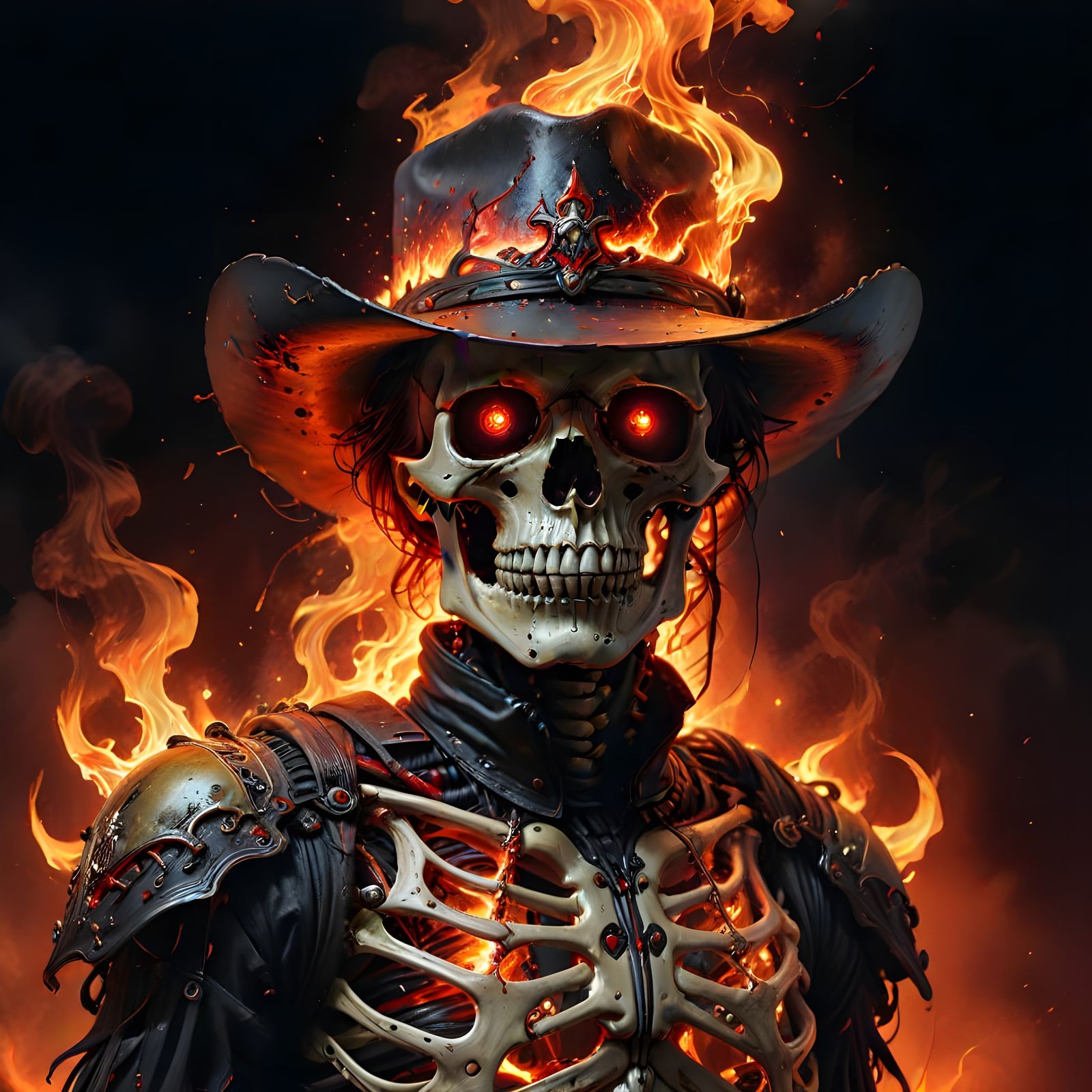 Surreal Skeleton Cowboy Blazes in a Fiery Thunderstorm