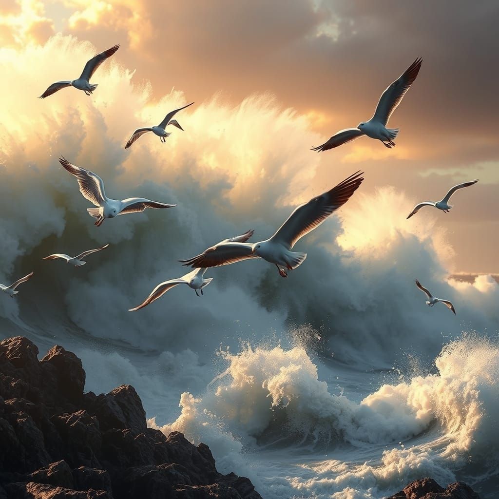 Stormy Ocean Scene with Majestic Seagulls in Golden Light