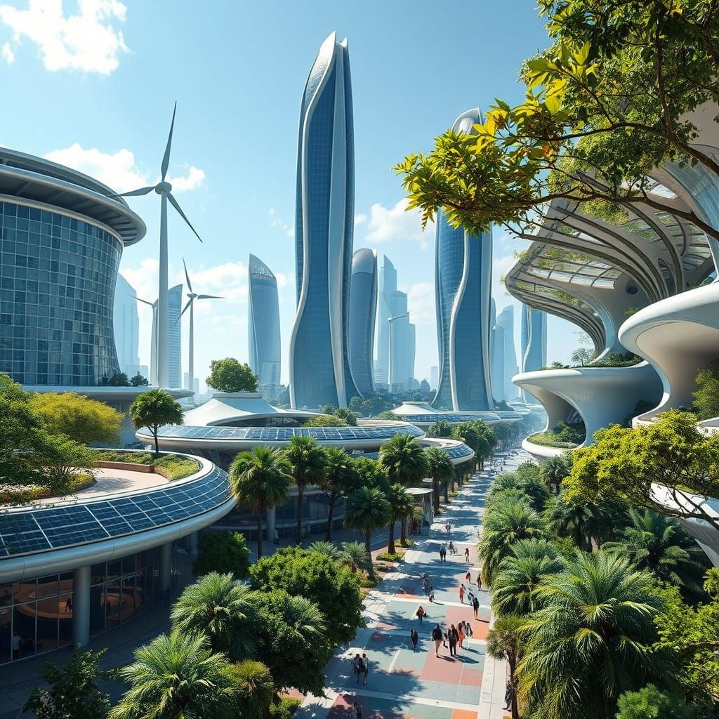 Eco-Futuristic Cityscape with Lush Greenery and Solar Panels