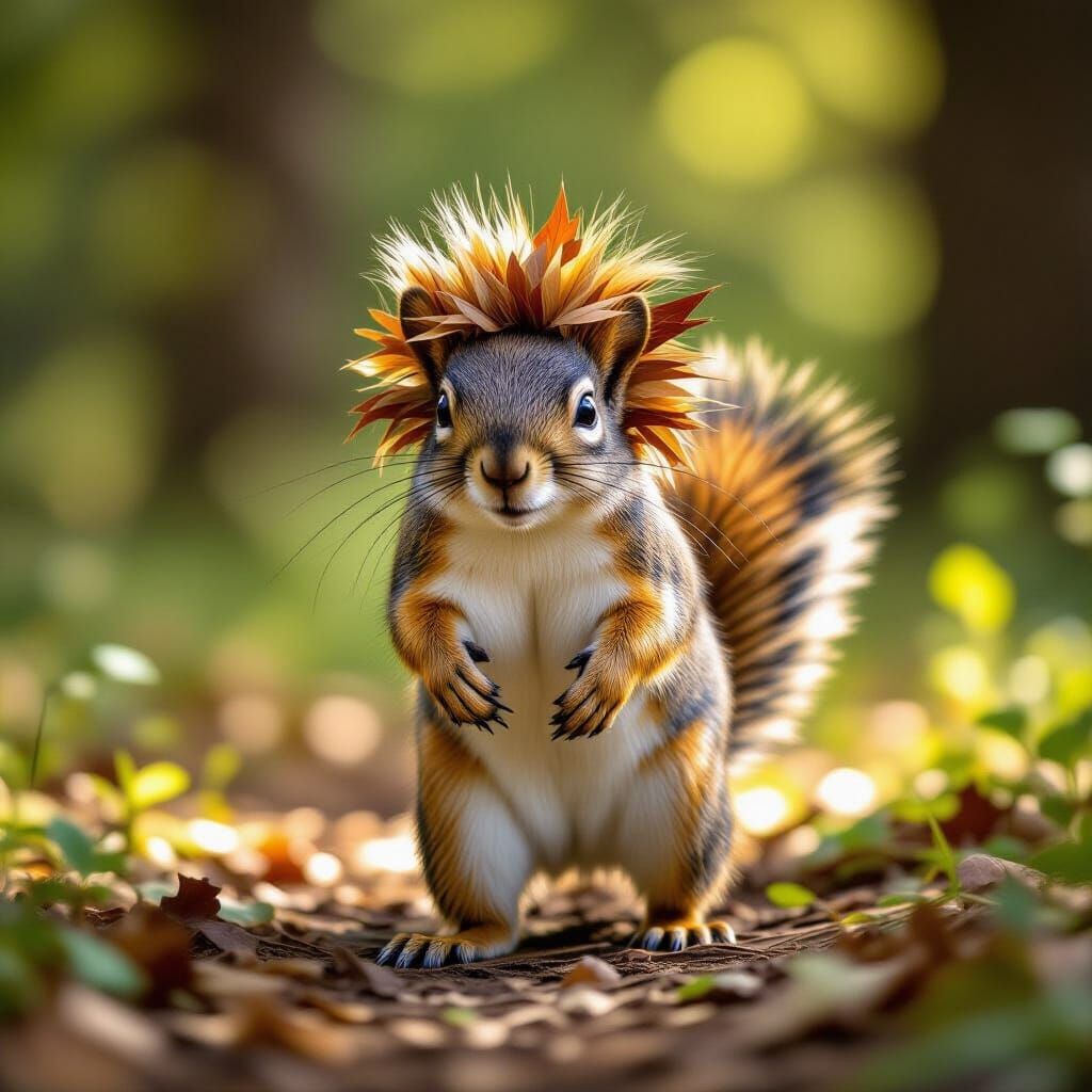 Squirrel in Leafy Lion Mane Struts Through Forest